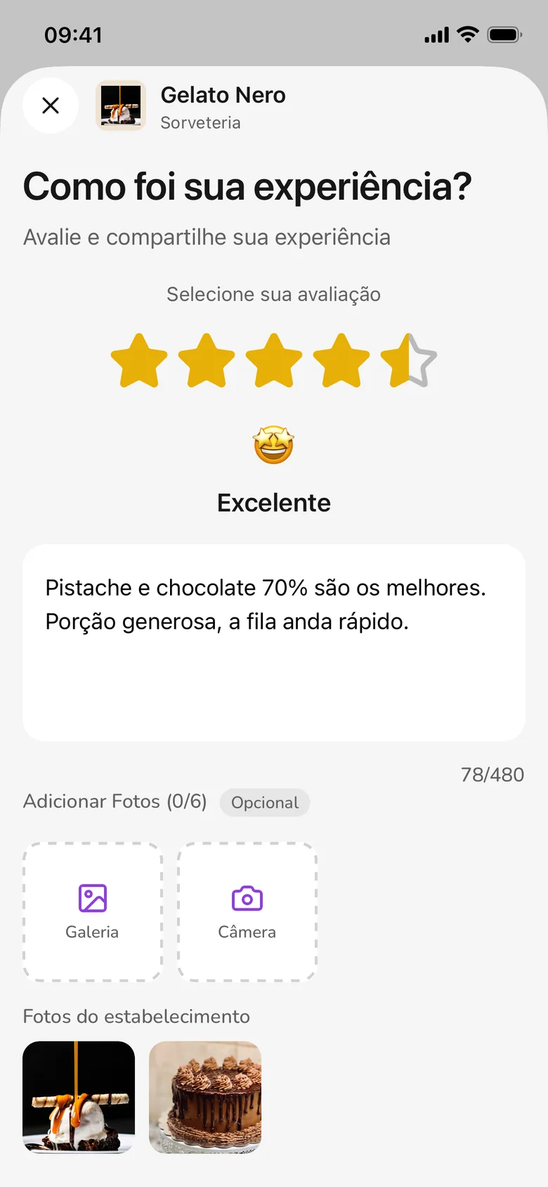 Passo da nota no Evalla: estrelas com meia estrela e comentário