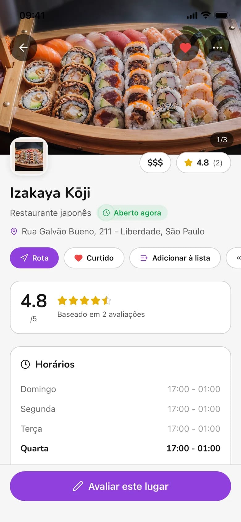 Página de um lugar no Evalla, com nota, horários e ações