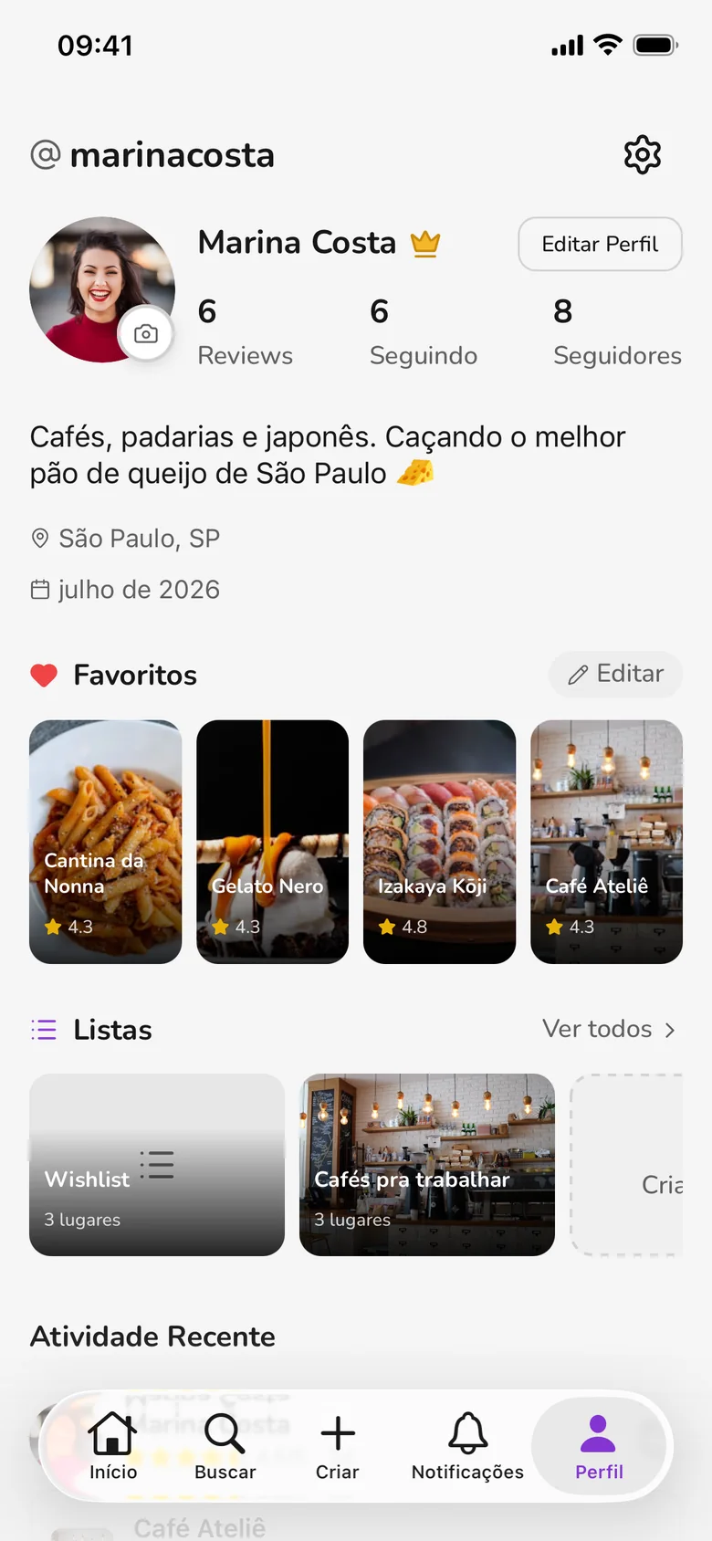 Perfil no Evalla, com favoritos, listas e avaliações recentes
