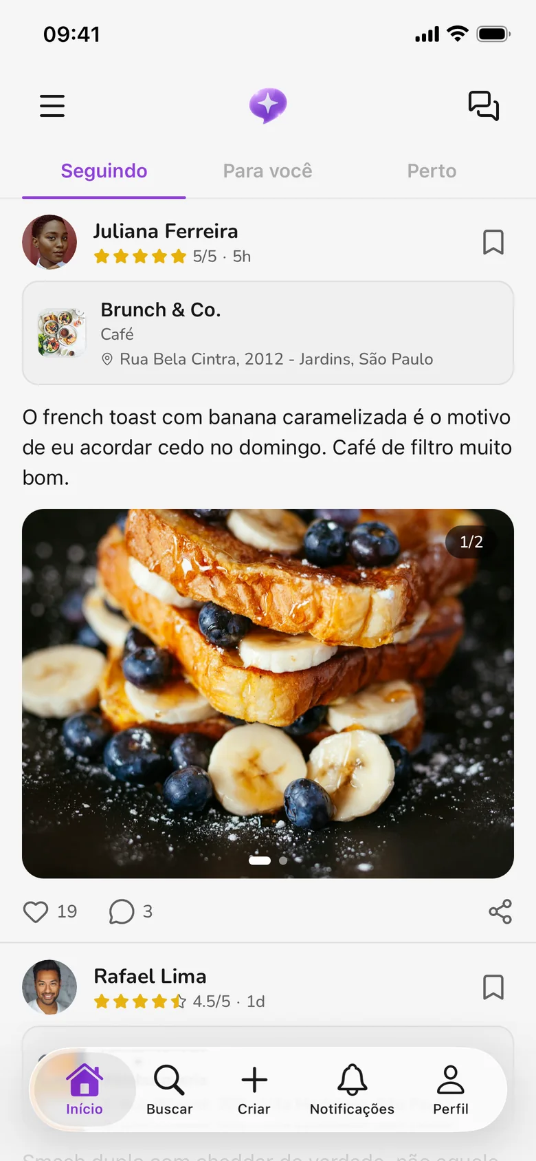 Aba Seguindo do Evalla: avaliações só de quem você segue